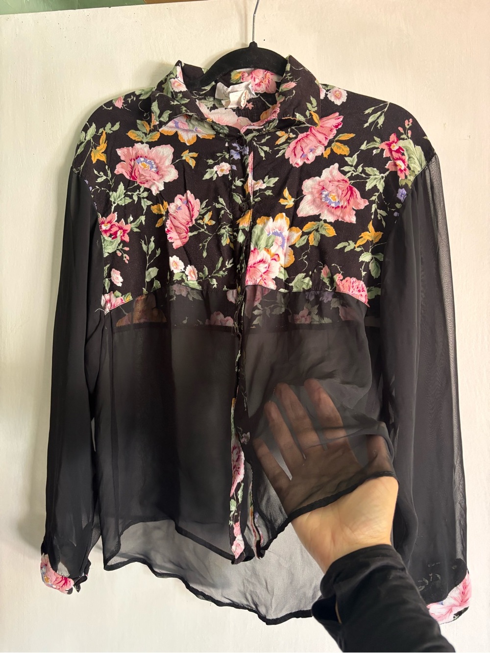 90s Sheer Black Floral Button-Front Blouse